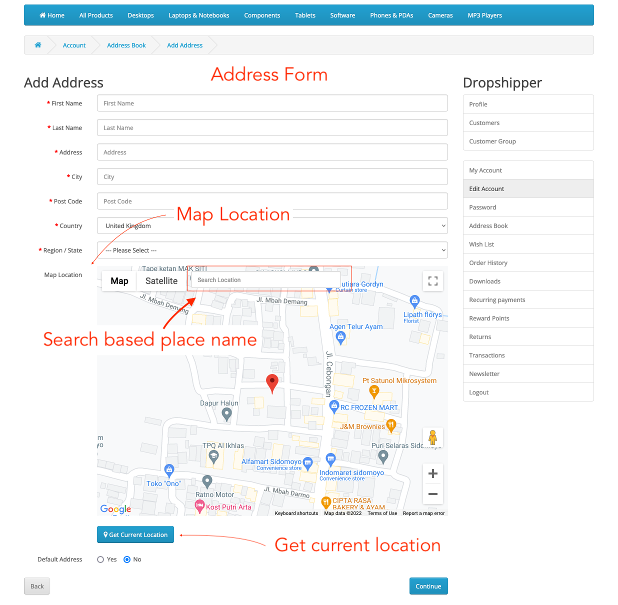 mark coordinate location on adding editing address for opencart